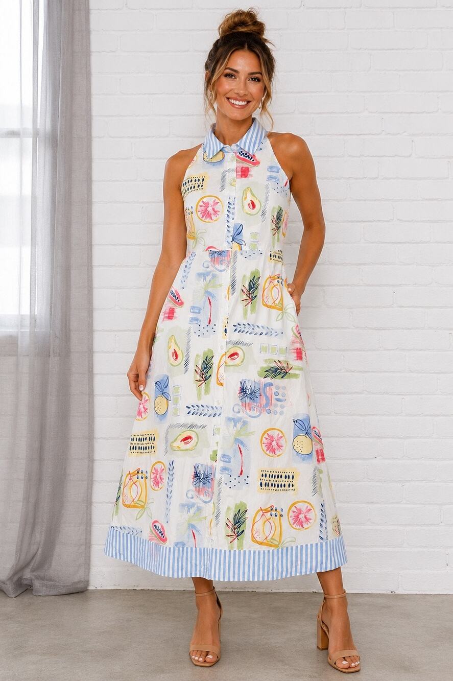 Crown & Ivy Women’s Small Tropical Fruit Print Halter Midi Dress 100% Cotton